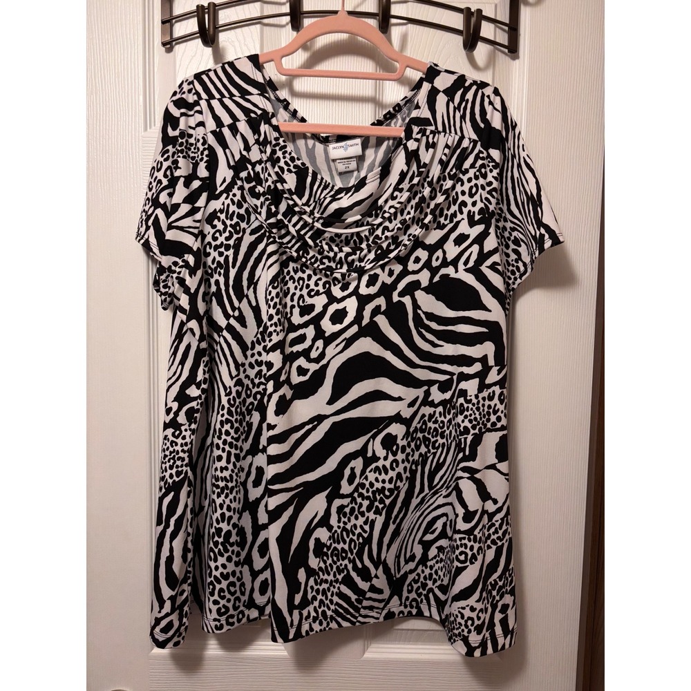Jaclyn Smith Animal Print Cowl Neck Top Black White Zebra Leopard 2X